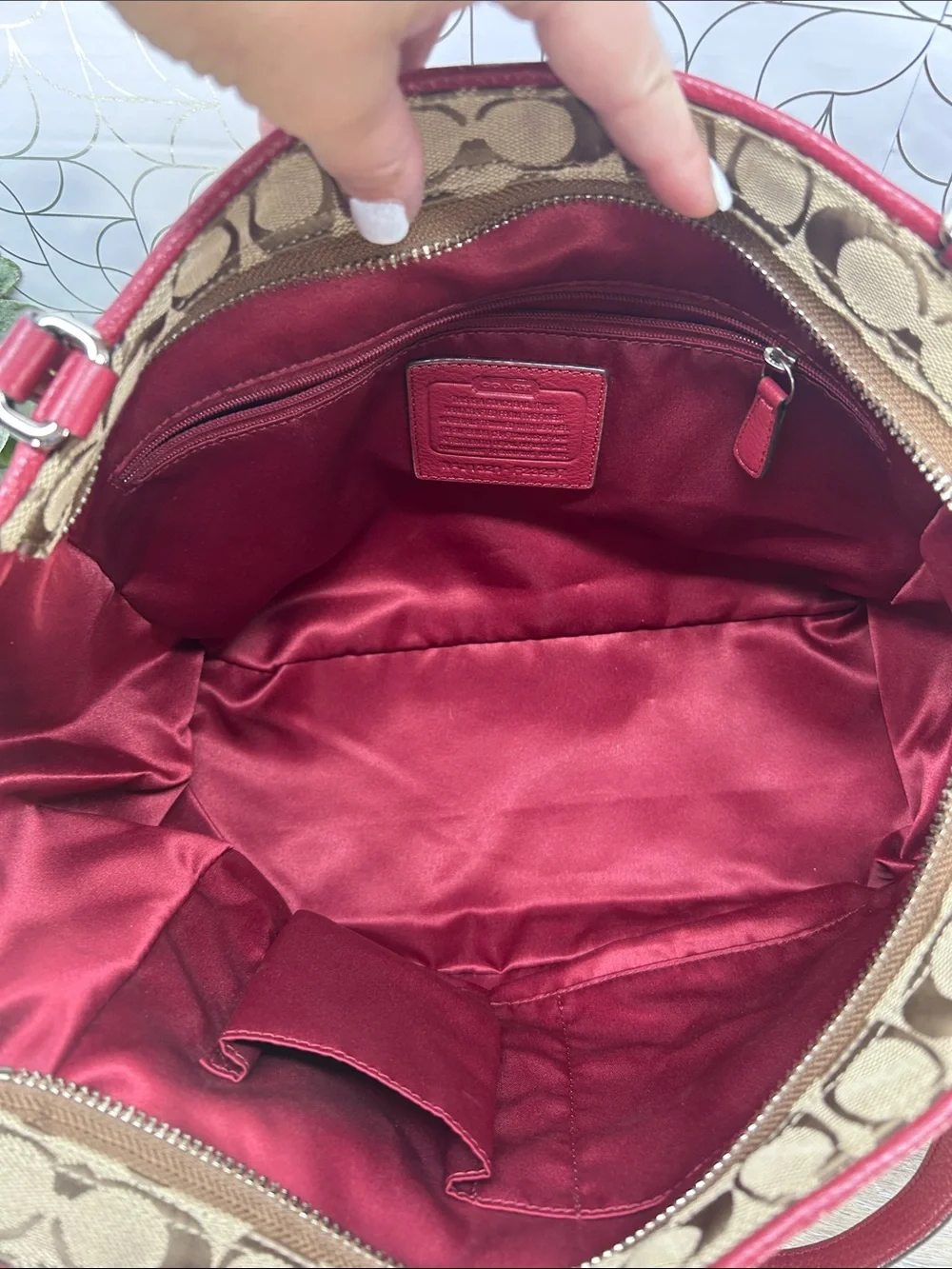 Coach Signature Canvas Tote with Red Leather Trim